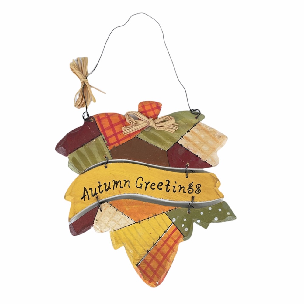Autumn Greetings Leaf Wood Sign, Yellow, Orange